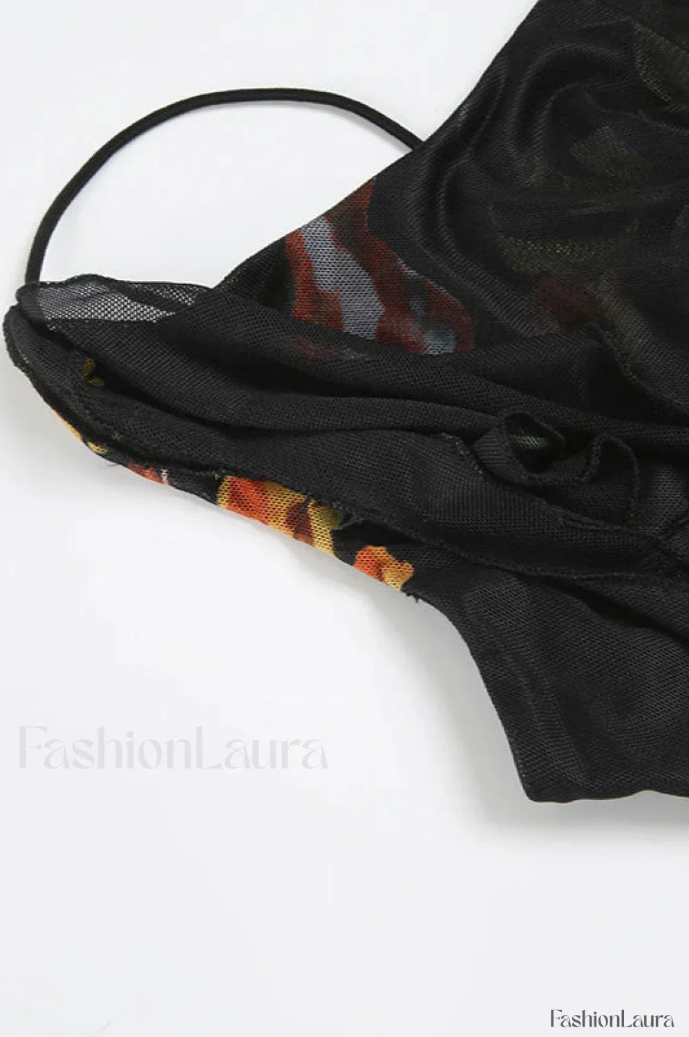 Black Mesh Stitching Irregular Pleated Plant Print Maxi Dress