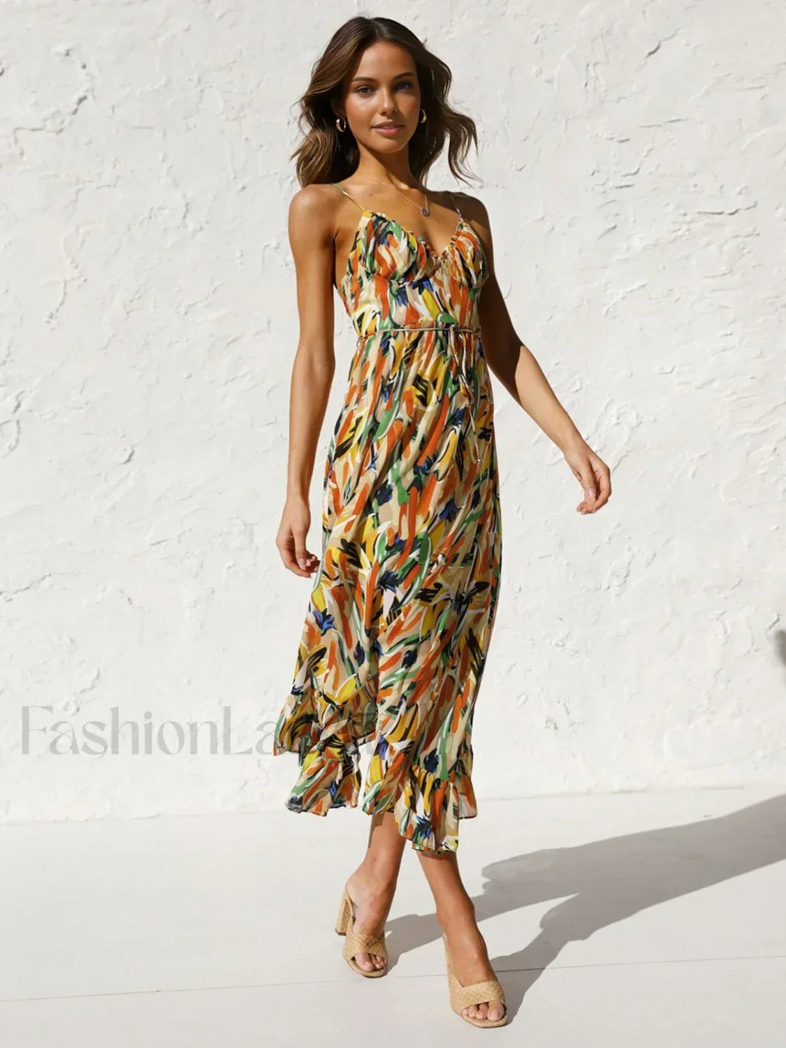 Orange Multi Color Print Cami Midi Dress