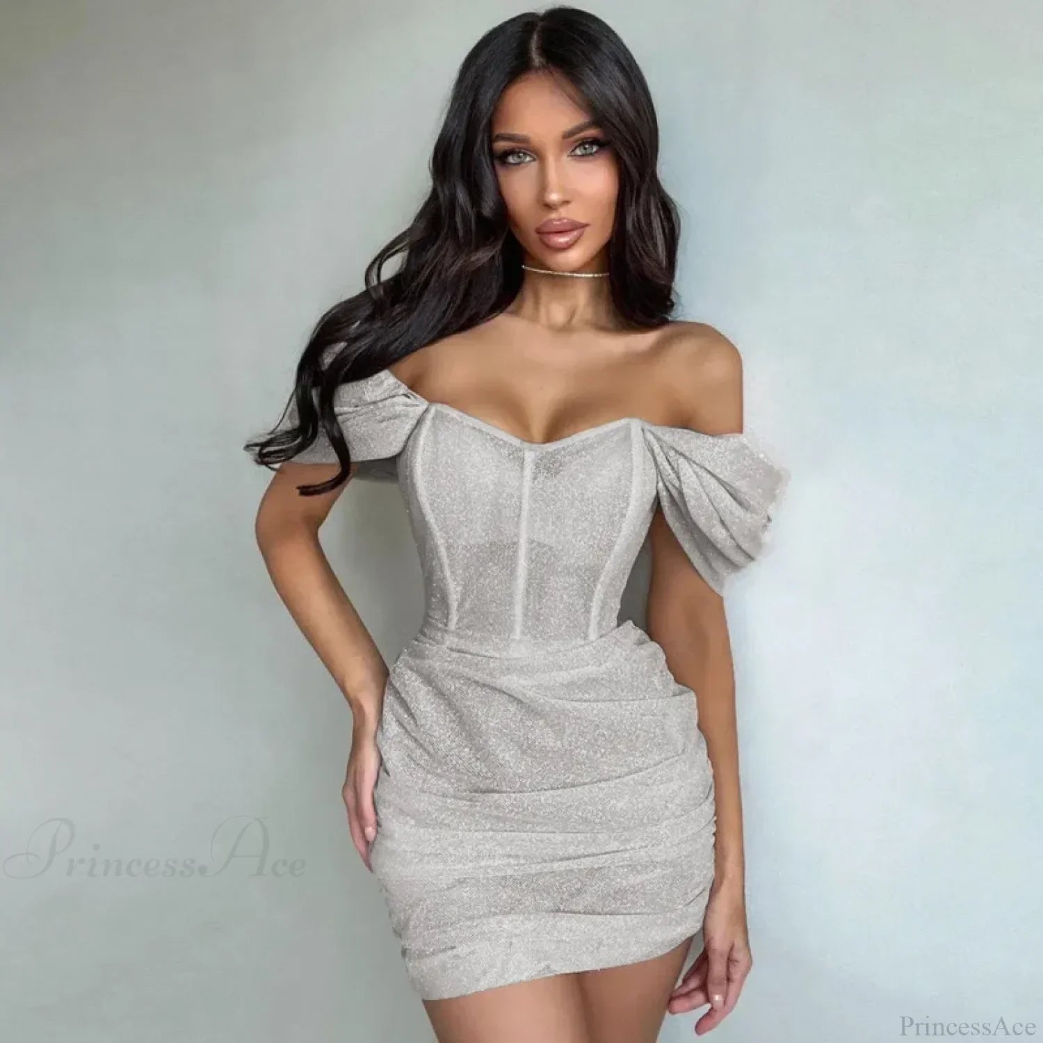 Glitter Off Shoulder Sweetheart Corset Ruched Bodycon Mini Dress