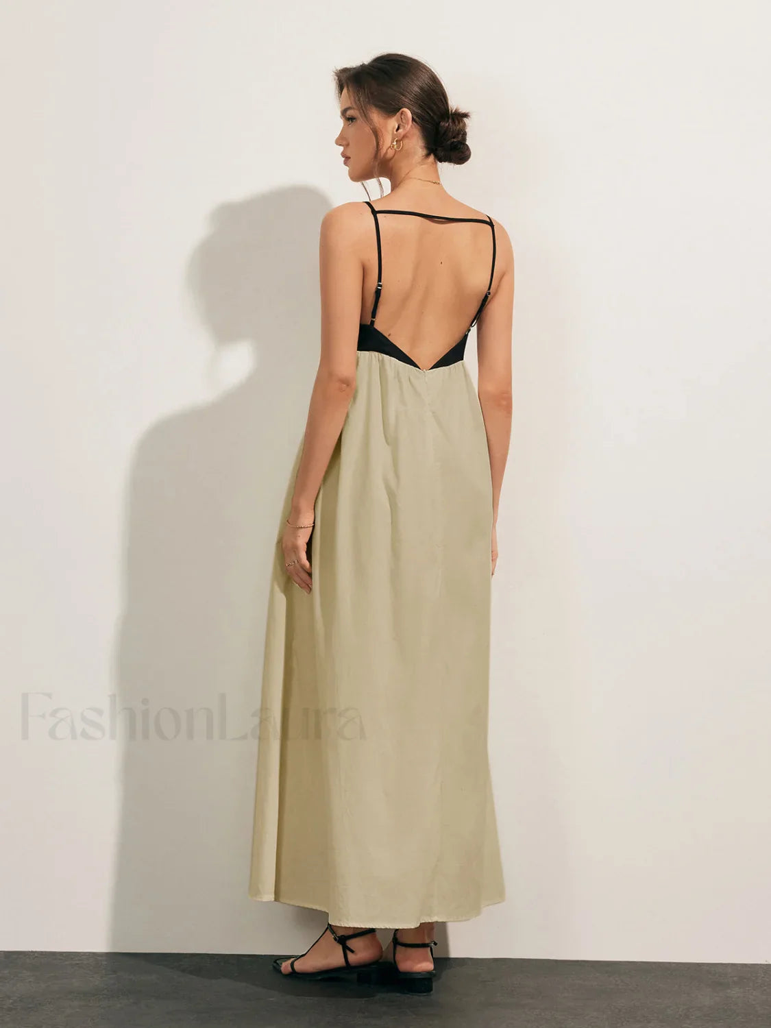 Beige Open Back Contrast Pocket Long Dress
