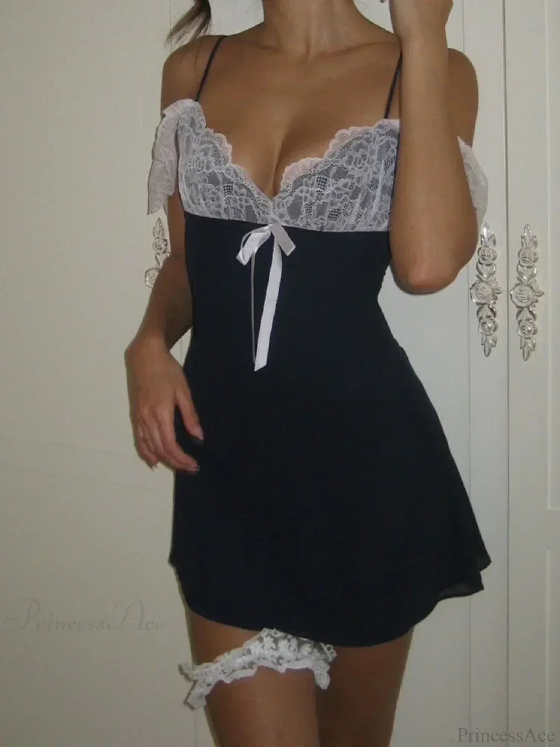 Lace Bodice Bow Trim Ruffle Cap Sleeve Babydoll Chemise Mini Dress