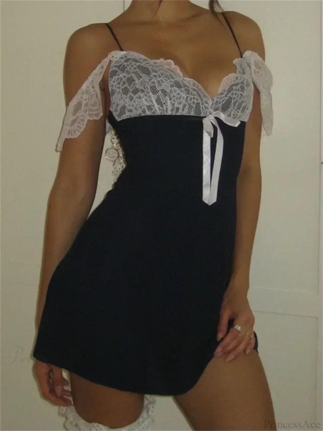 Lace Bodice Bow Trim Ruffle Cap Sleeve Babydoll Chemise Mini Dress