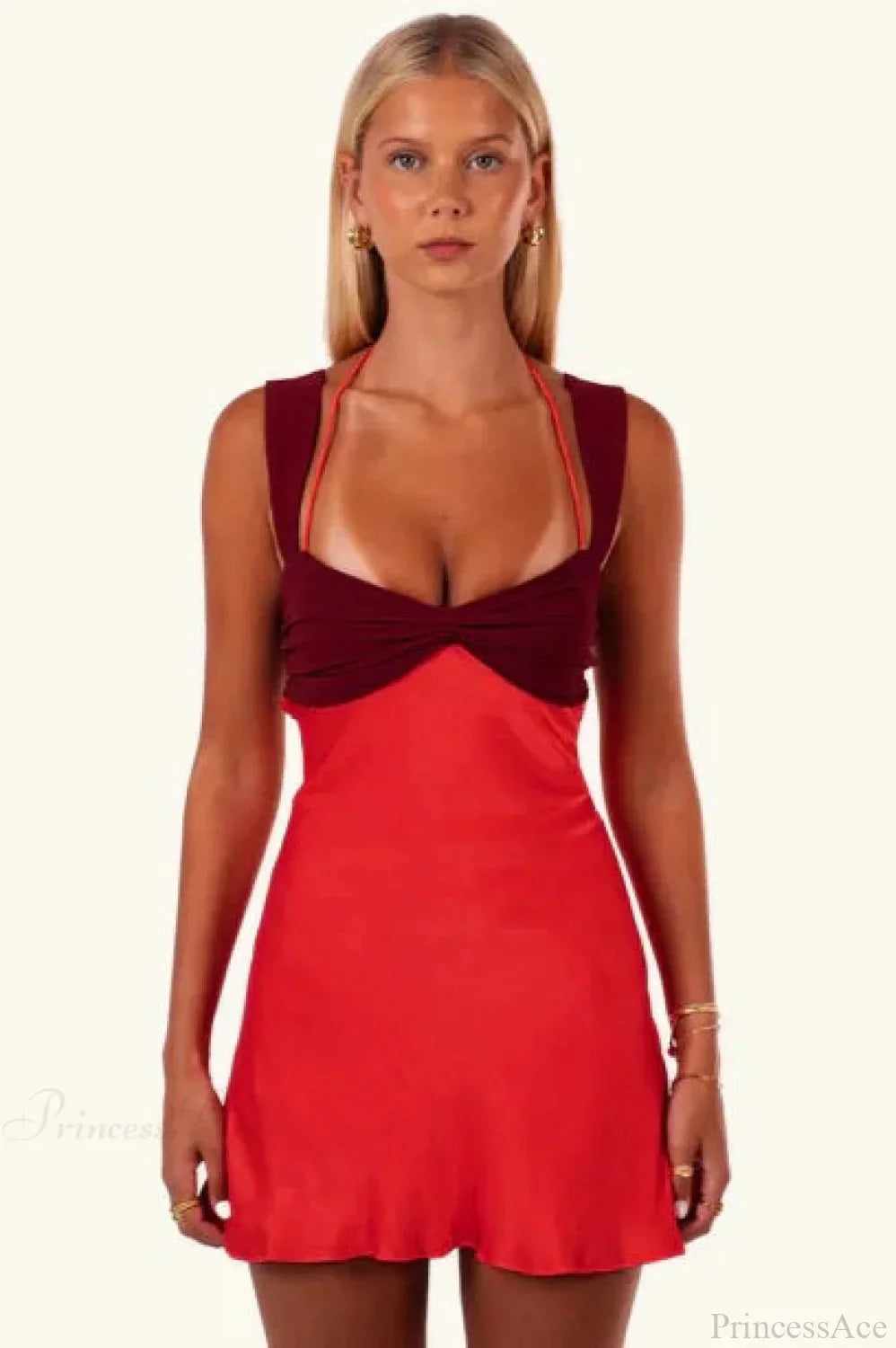 Twist Front Ruched Bust Halter Strap Satin Side Slit Mini Dress