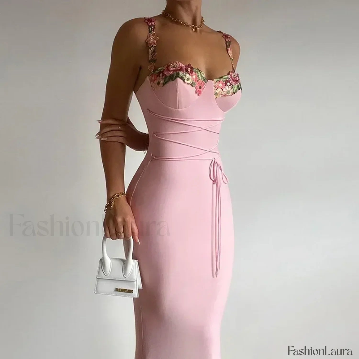 Pink Patchwork Strapless Midi Dress