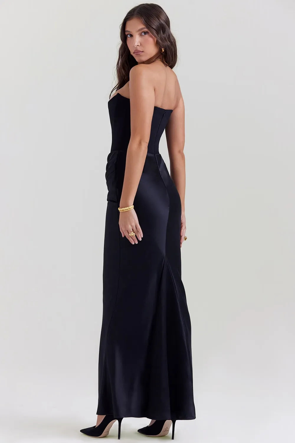 Strapless Pointed Sweetheart Corset Ruched Waist Column Maxi Gown