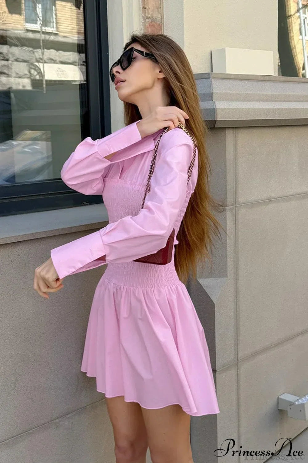 Smocked Waist Pointed Collar Wide Cuff Flared Mini Shirt Dress
