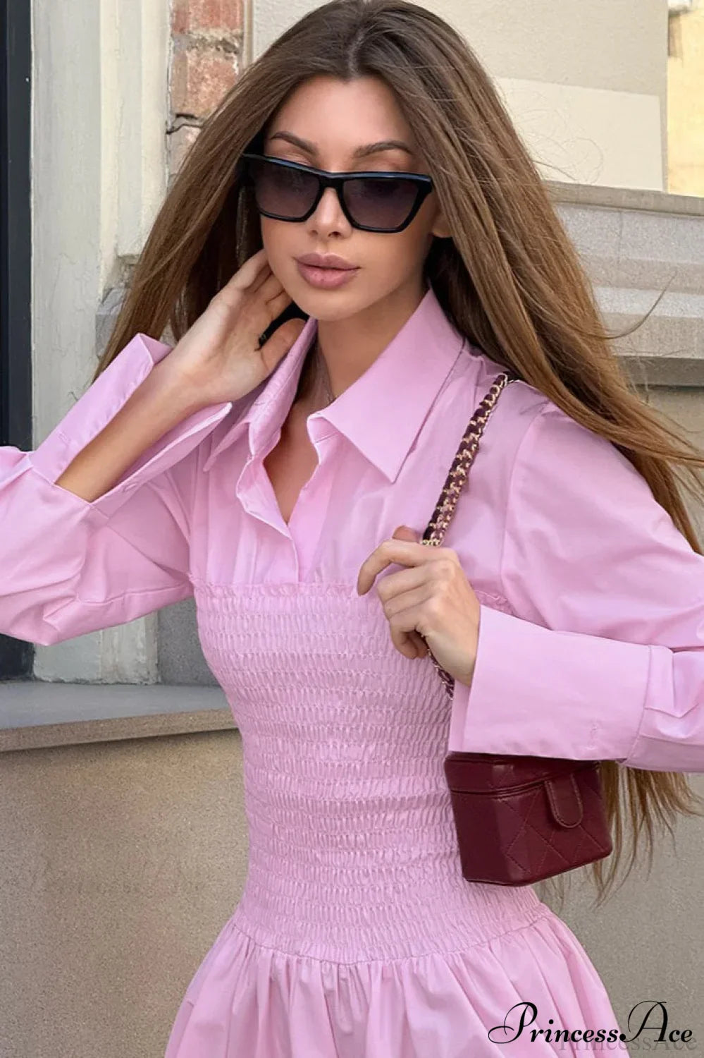 Smocked Waist Pointed Collar Wide Cuff Flared Mini Shirt Dress