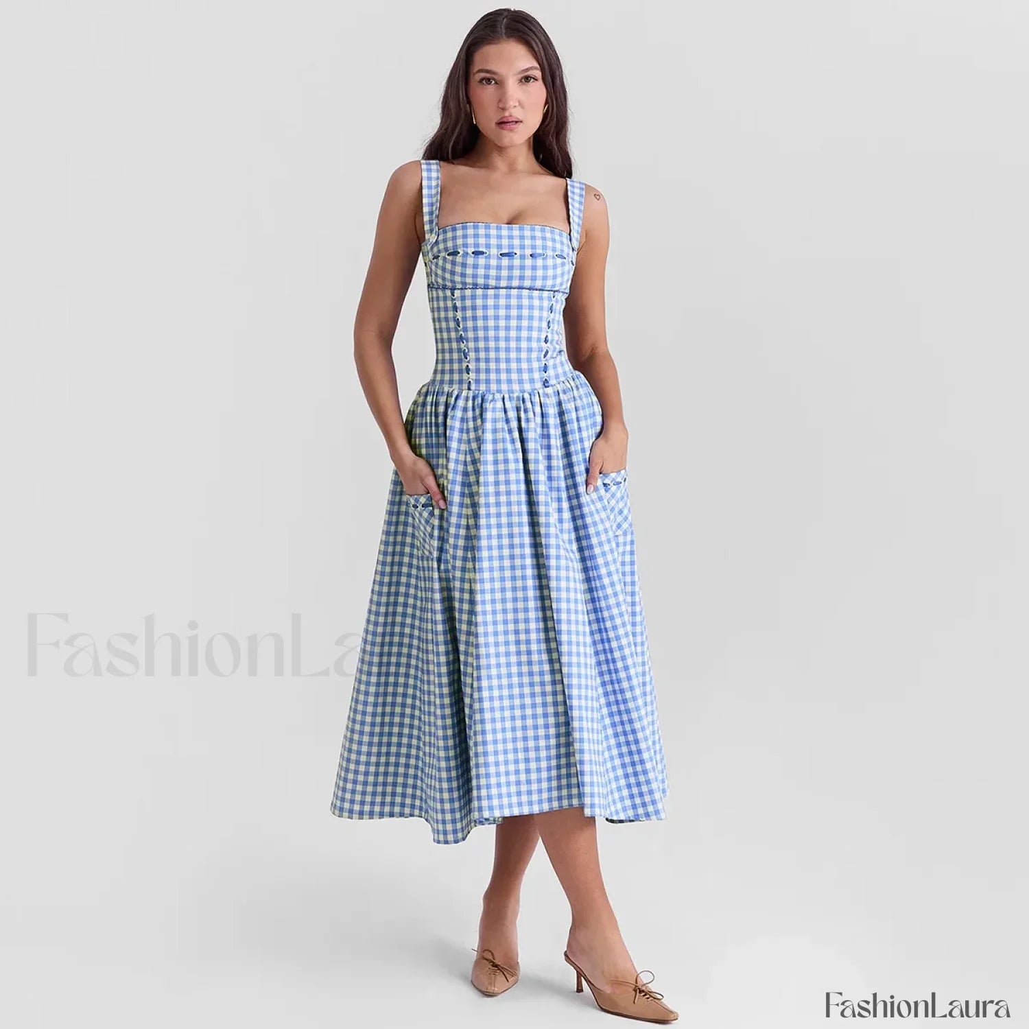Blue Plaid Pocket Midi Dress