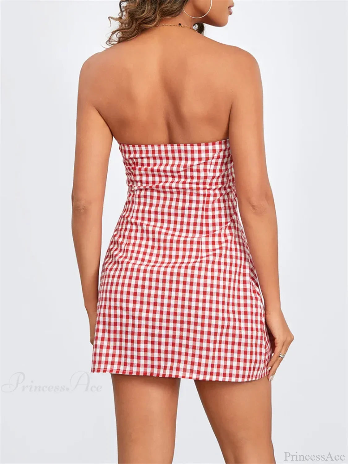 Gingham Check Strapless Keyhole Tie Front Ruched Bust Bodycon Mini Dress