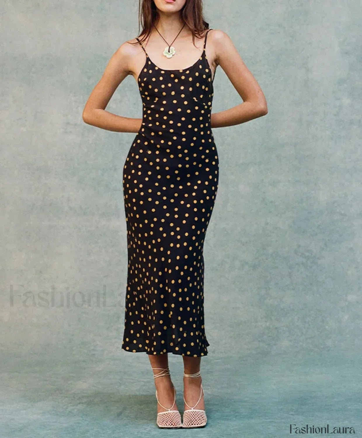 Black Polka Dot Backless Midi Dress