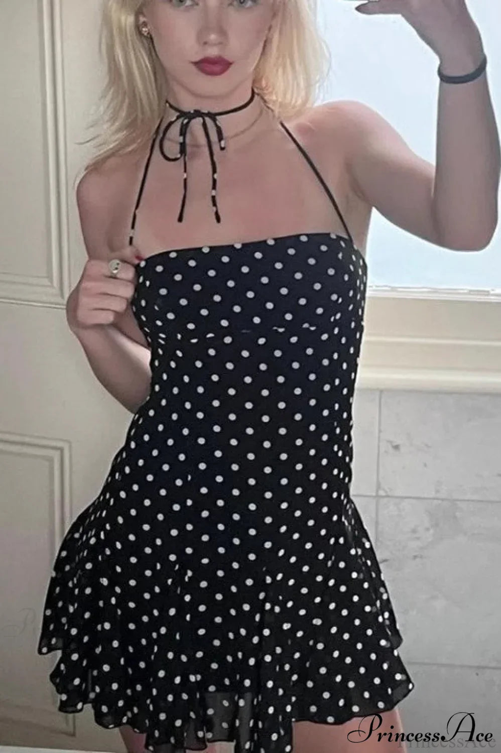 Polka Dot Halter Neck Tiered Ruffle Hem Bodycon Mini Dress