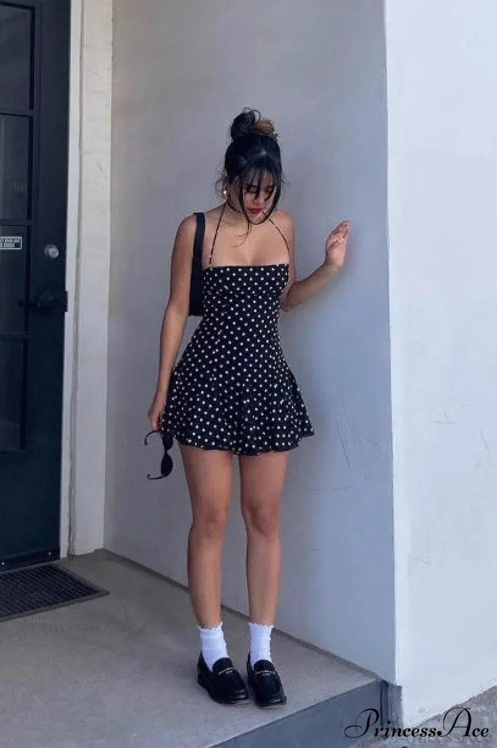 Polka Dot Halter Neck Tiered Ruffle Hem Bodycon Mini Dress