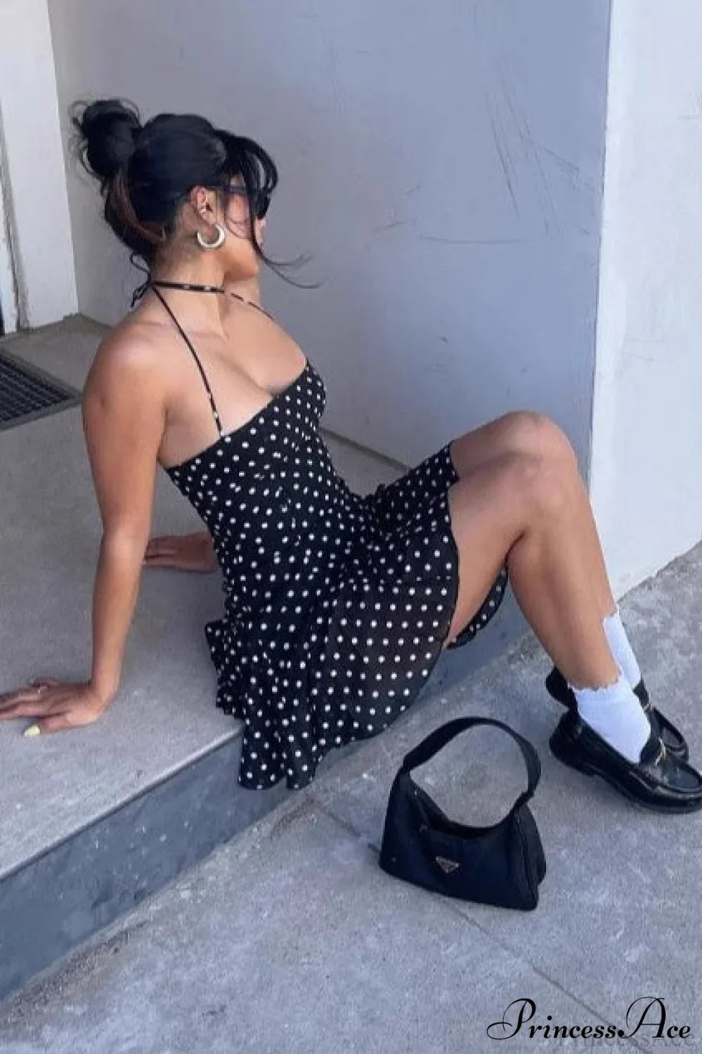 Polka Dot Halter Neck Tiered Ruffle Hem Bodycon Mini Dress