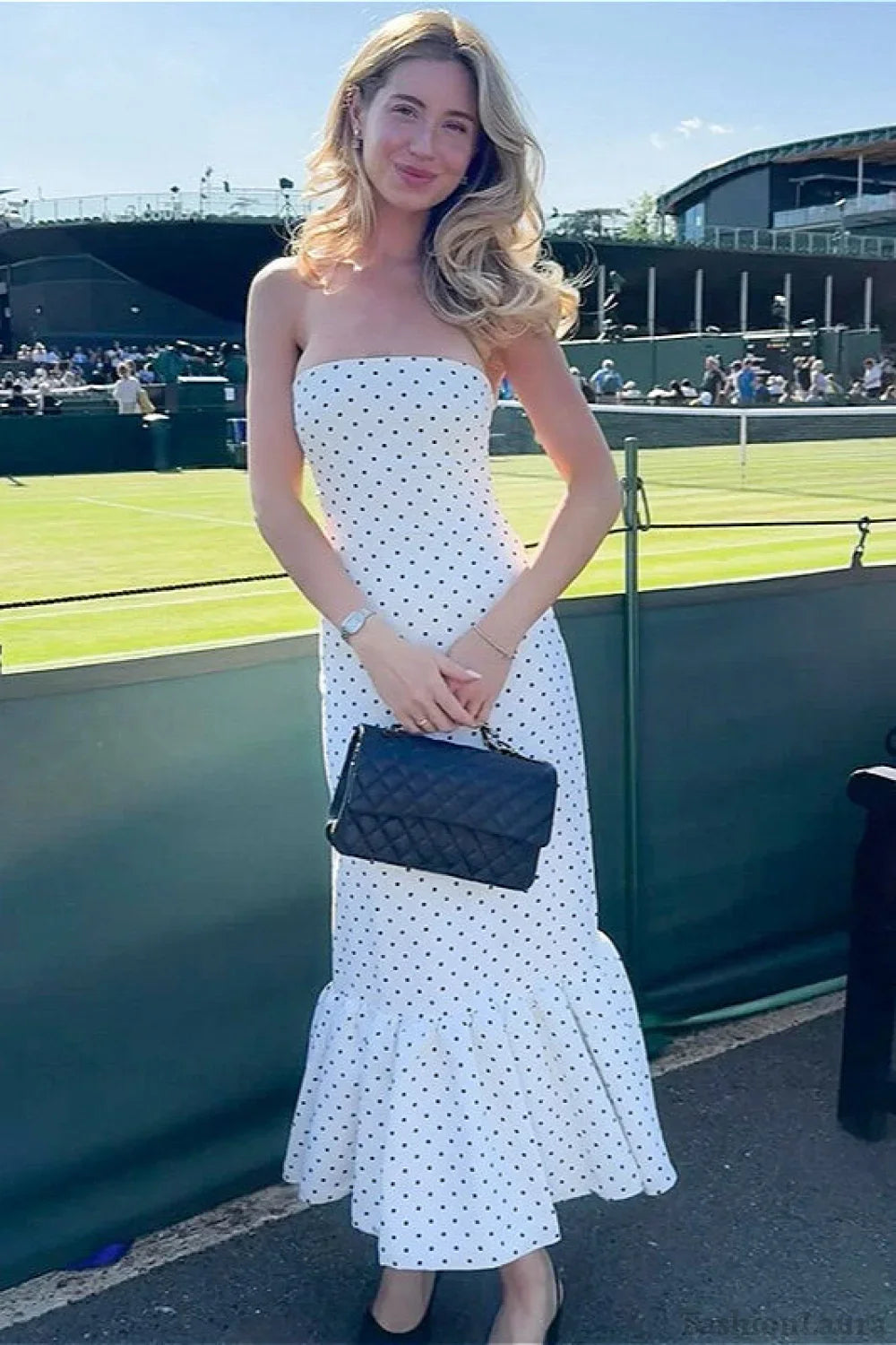 Off Shoulder Strapless Tiered Ruffle Polka Dot Maxi Dress