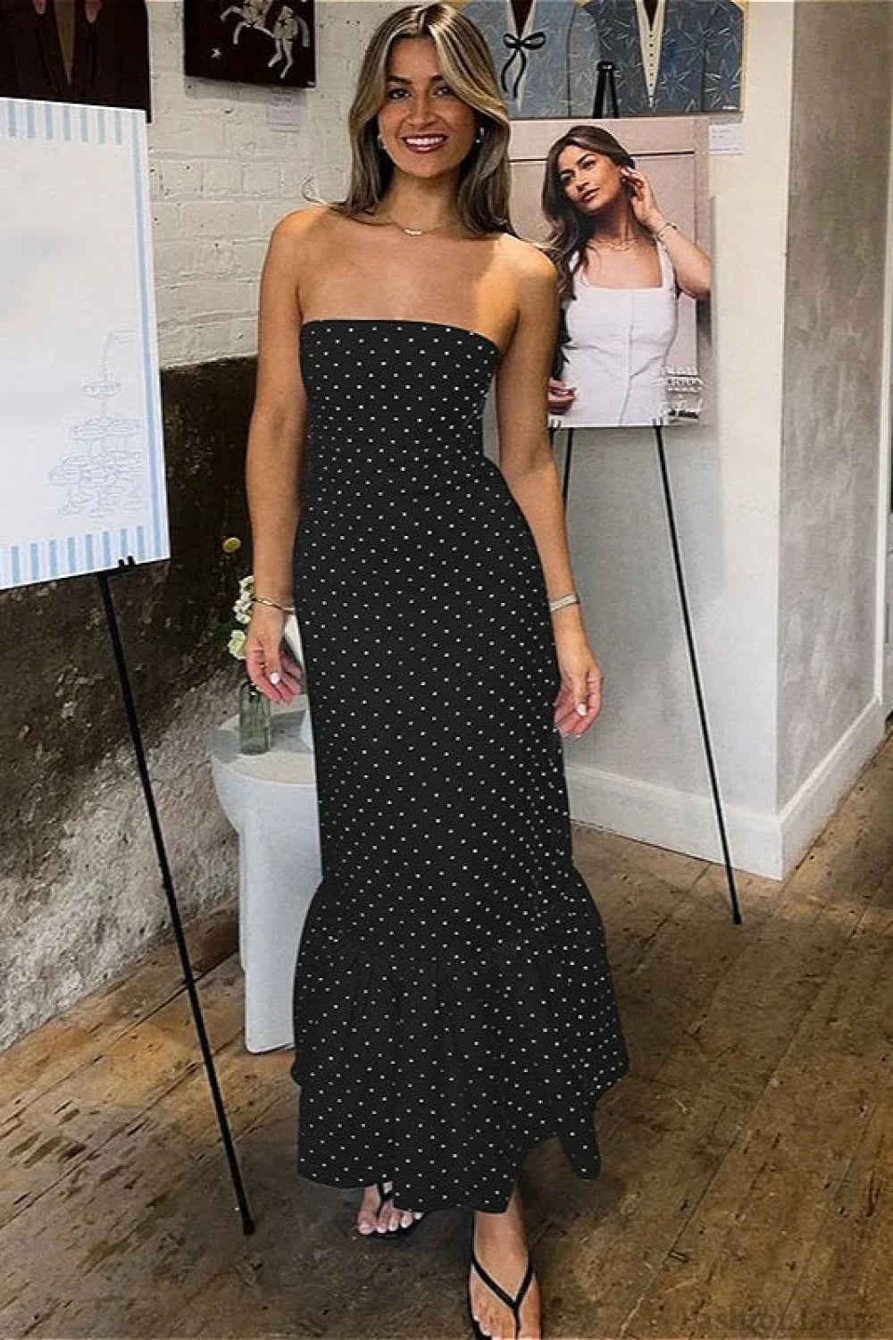 Off Shoulder Strapless Tiered Ruffle Polka Dot Maxi Dress