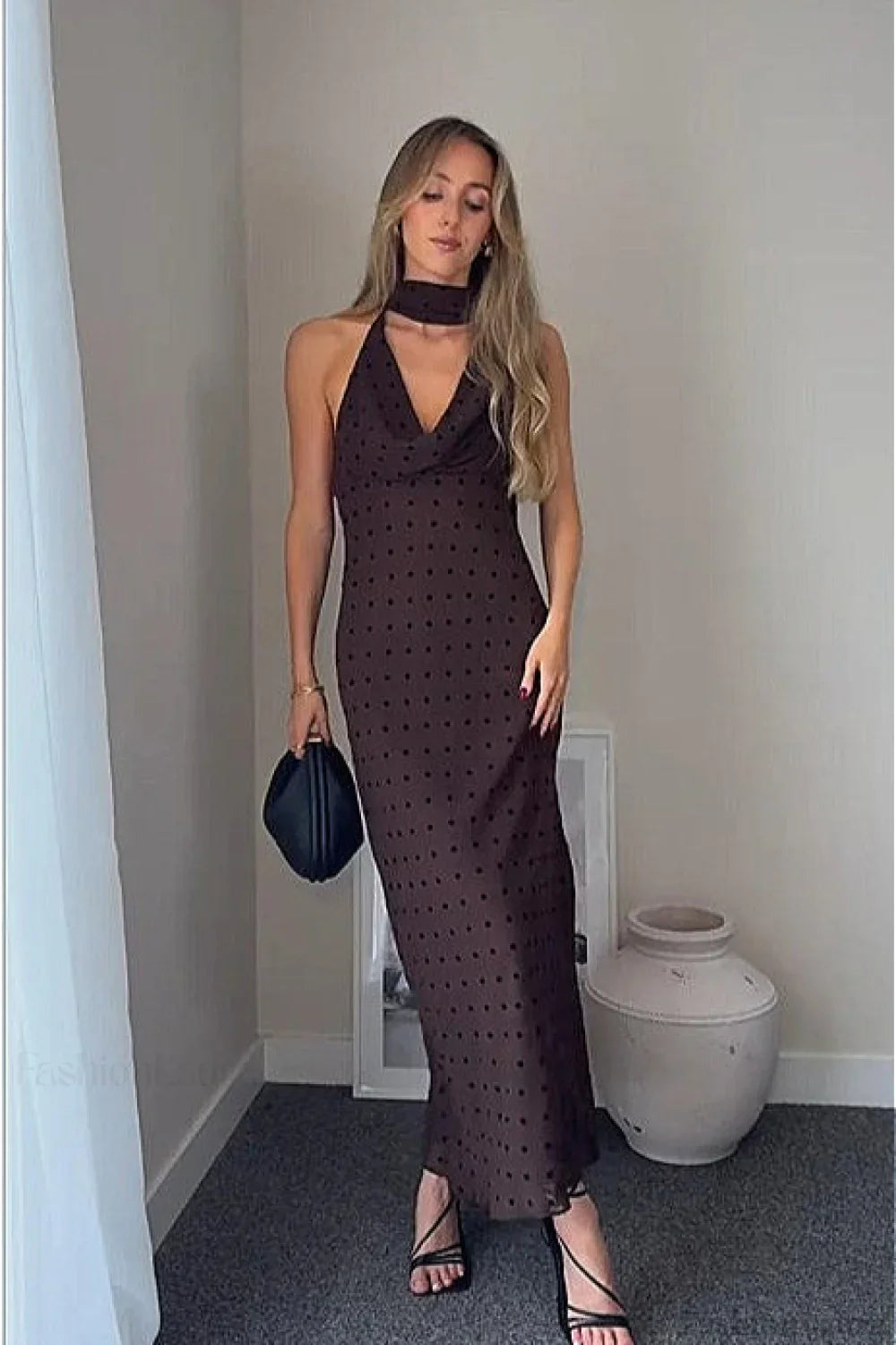 Brown Scarf Neck Halter Polka Dot Maxi Dress