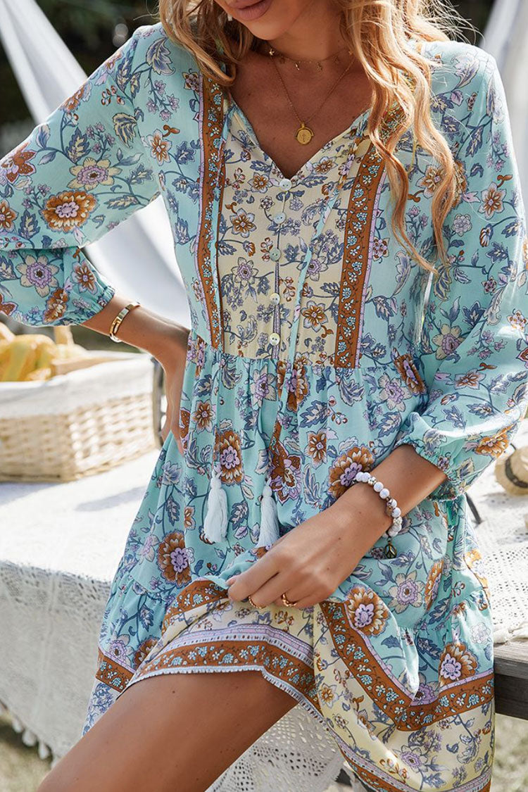 Tie Neck Half Button Floral Print Tiered Bishop Sleeve Mini Dress