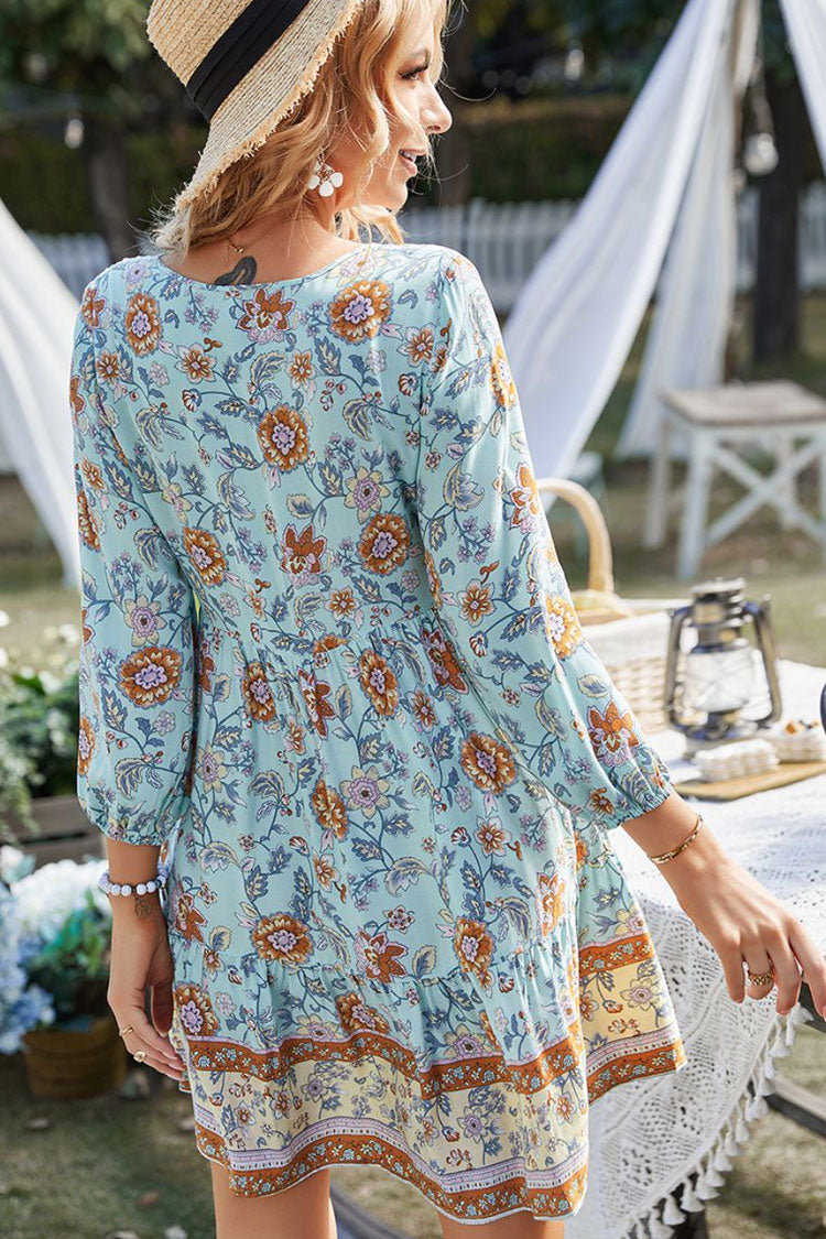 Tie Neck Half Button Floral Print Tiered Bishop Sleeve Mini Dress