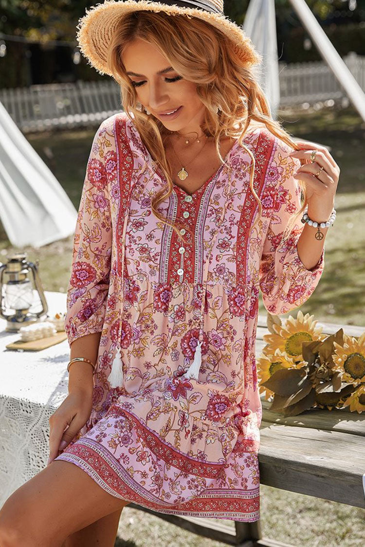 Deep V-Neck Button Front Tassel Tie Ethnic Floral Paisley Tiered Babydoll Mini Dress