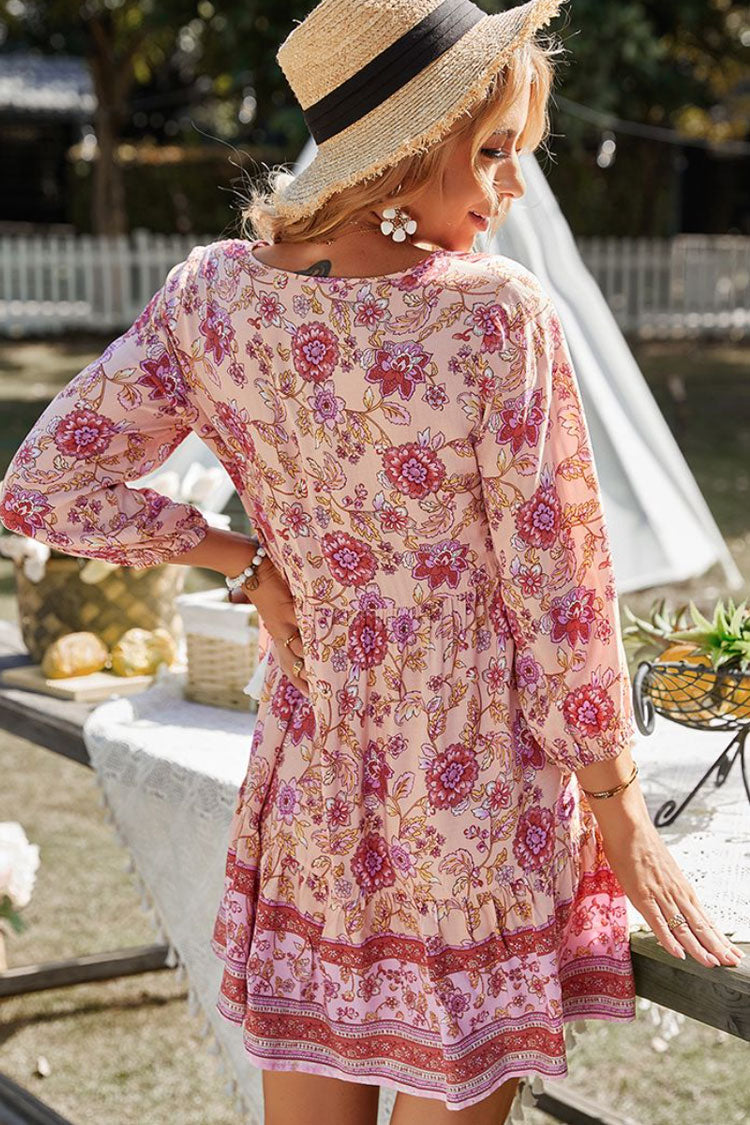 Deep V-Neck Button Front Tassel Tie Ethnic Floral Paisley Tiered Babydoll Mini Dress