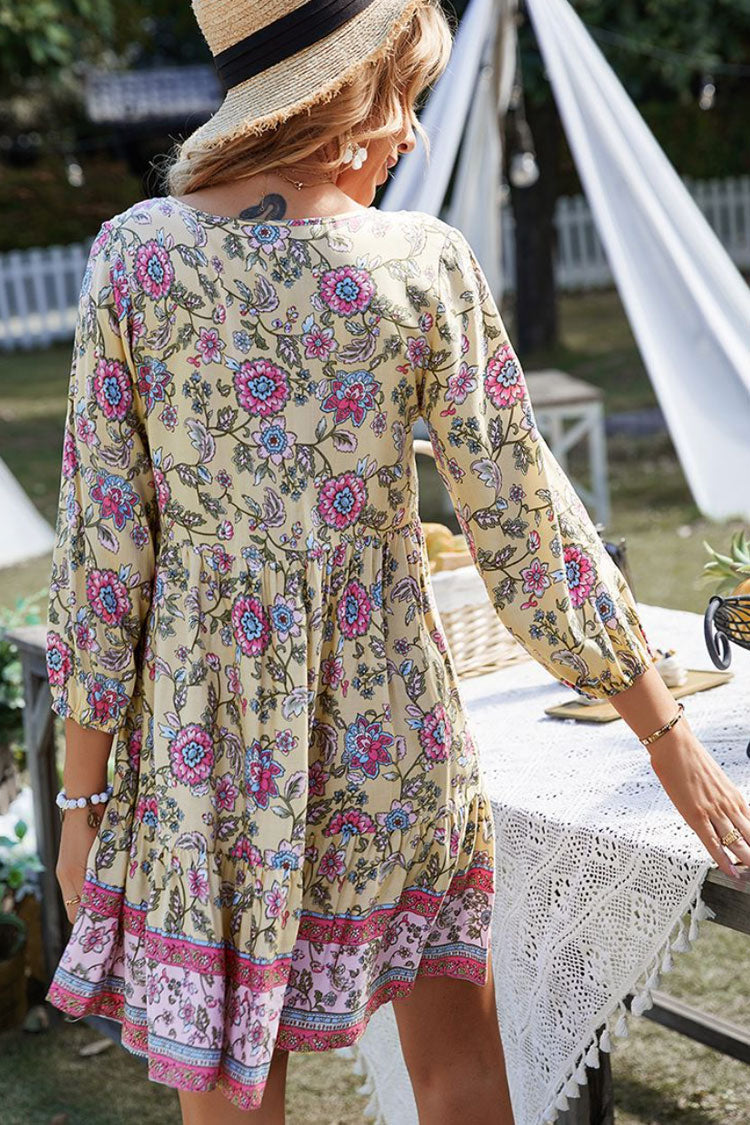 Tie Neck Half Button Floral Print Tiered Bishop Sleeve Mini Dress