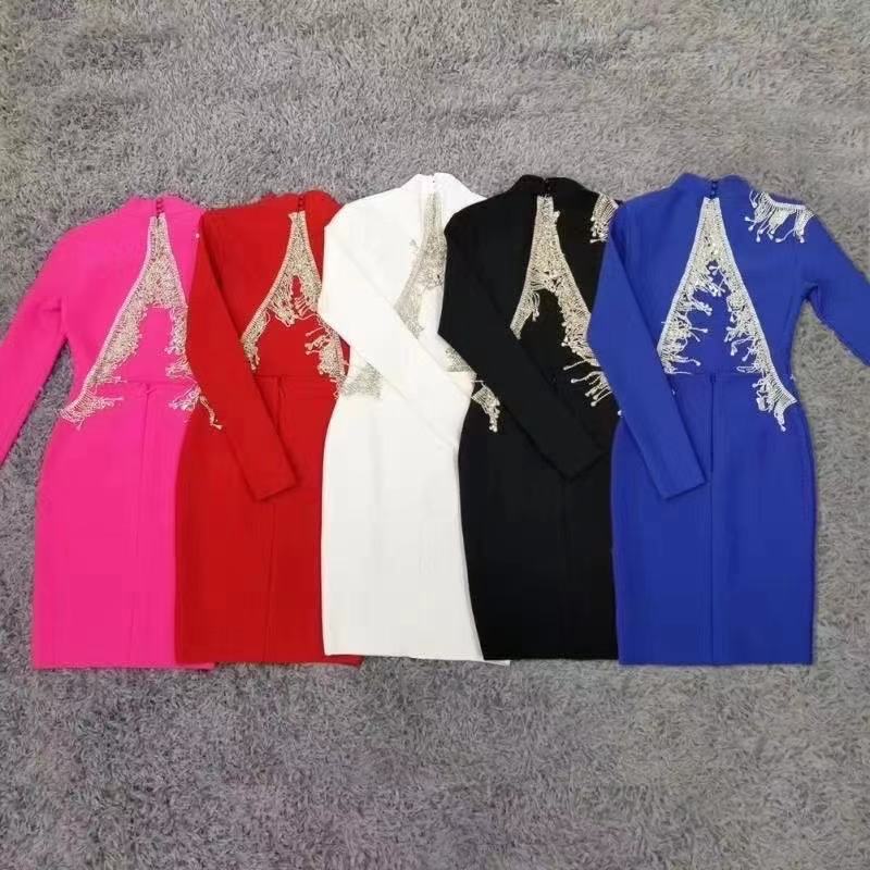 Crystal Fringe Open Back Mock Neck Long Sleeve Bodycon Dress