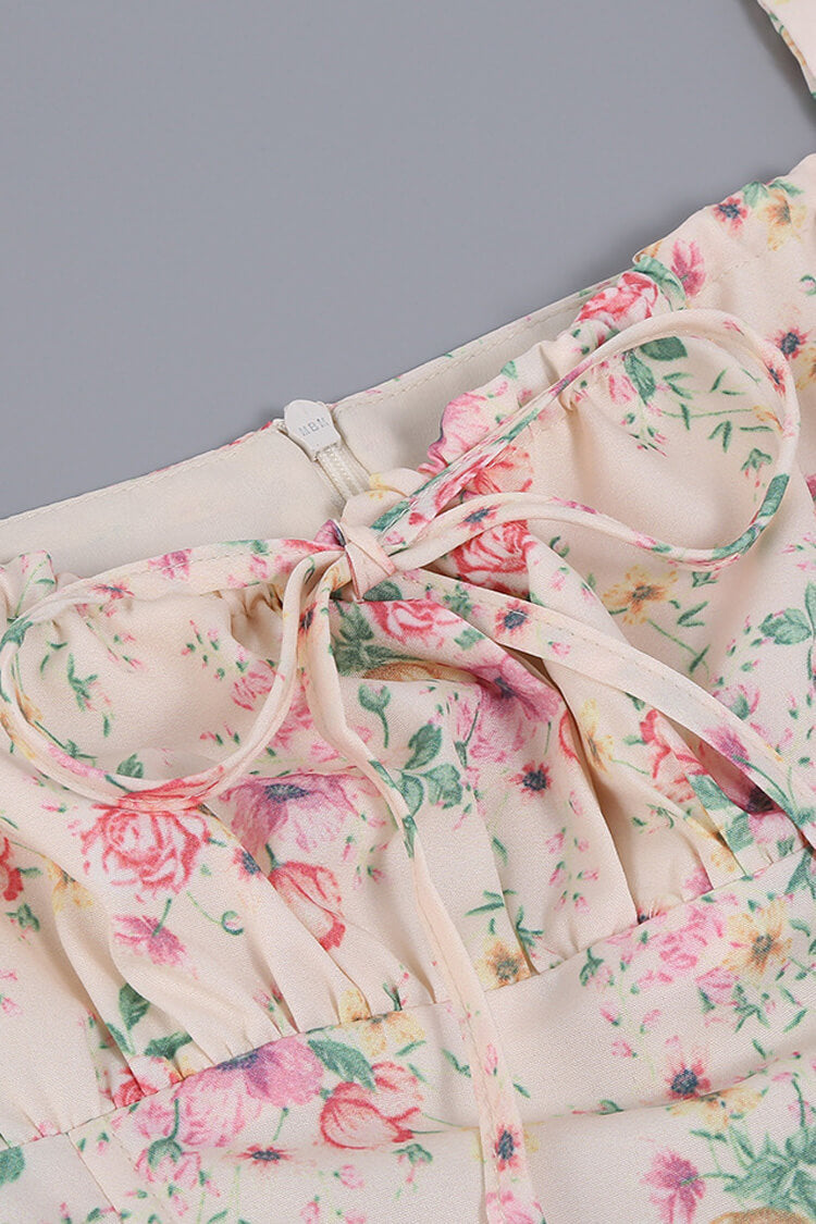 Puff Sleeve Ditsy Floral Tie Front High Slit Milkmaid Midi Dress