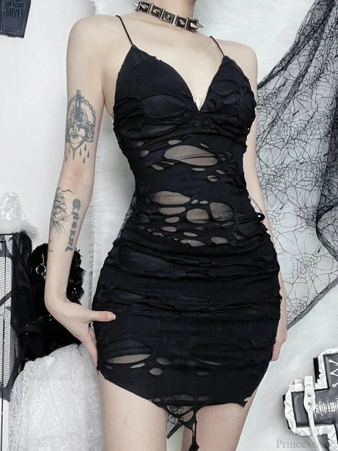 Distressed Shredded Mesh Deep V Strapless Ruched Mini Dress