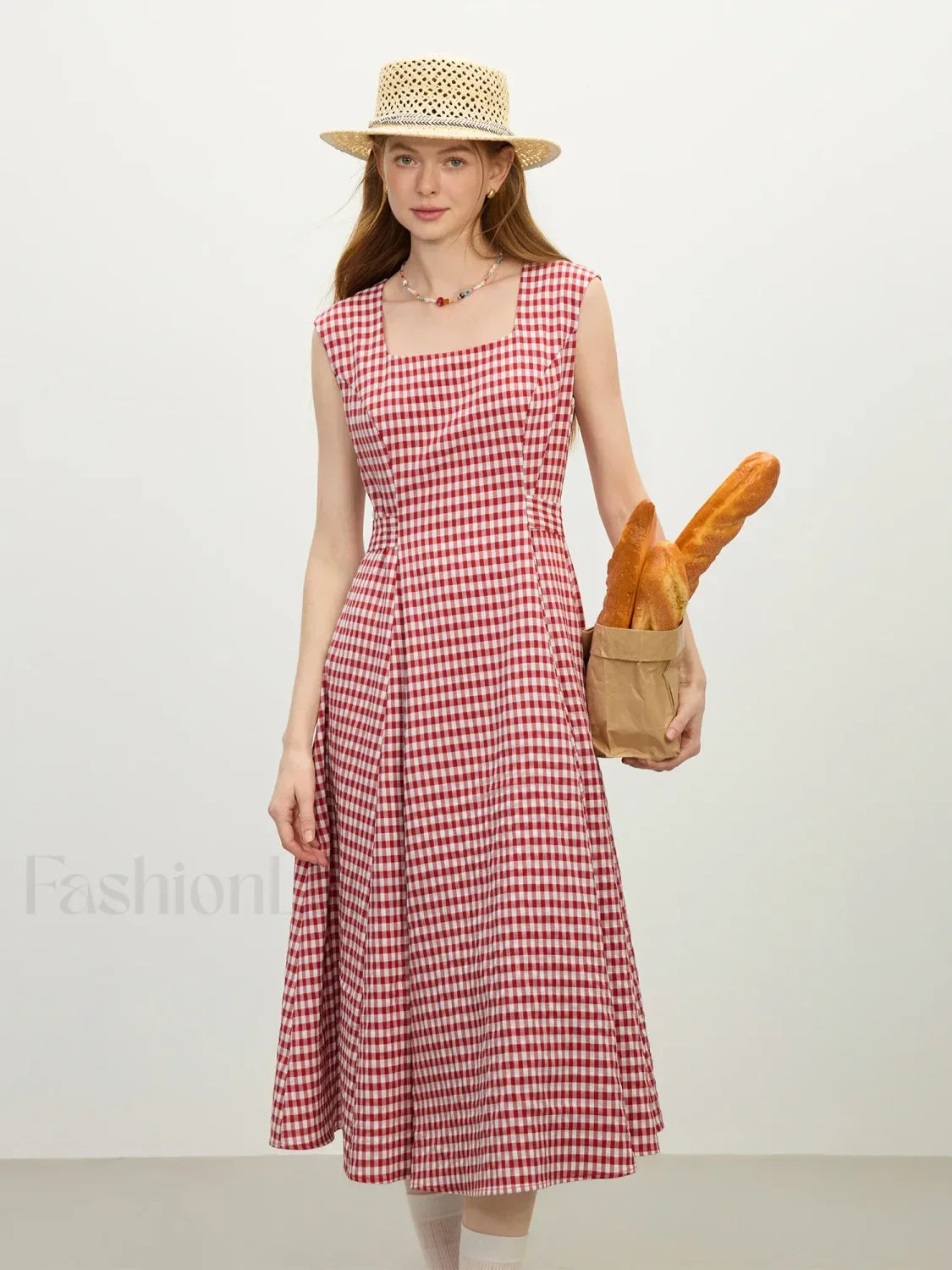 Red White Plaid Sash Midi Dress