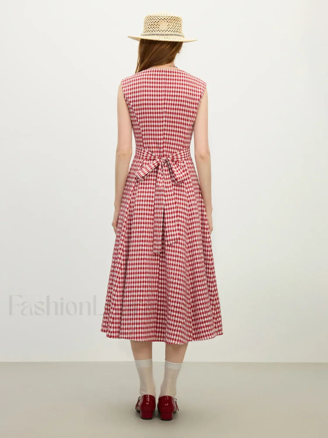 Red White Plaid Sash Midi Dress