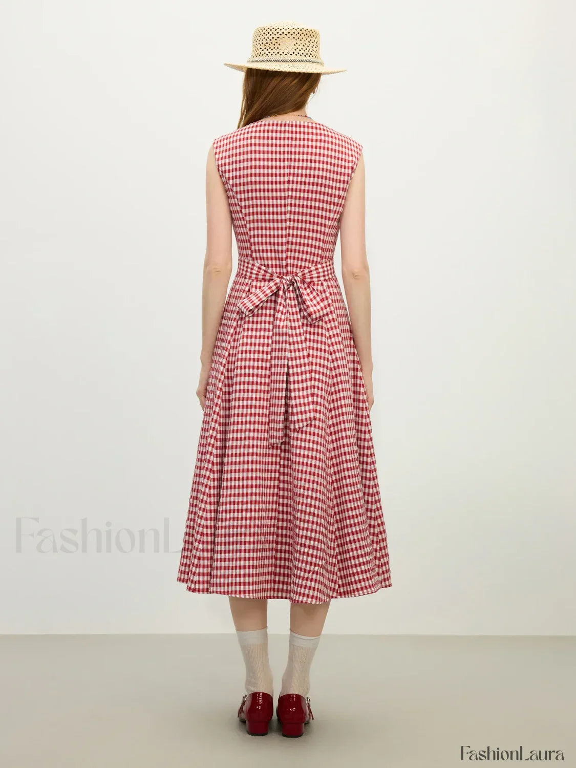 Red White Plaid Sash Midi Dress