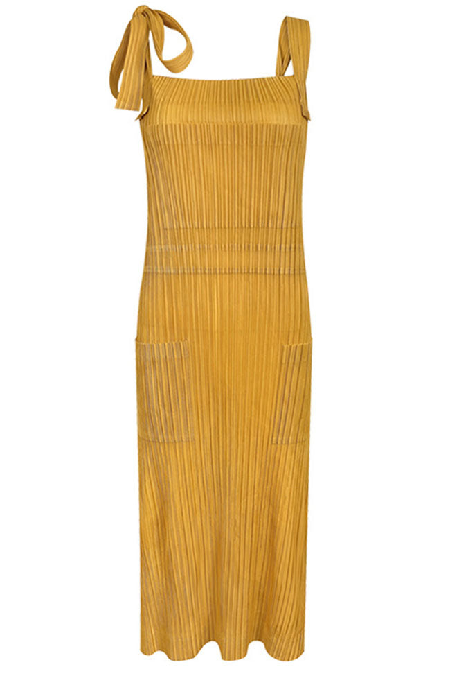 Square Neck Tie Strap Pocketed Pleated Midi Dress