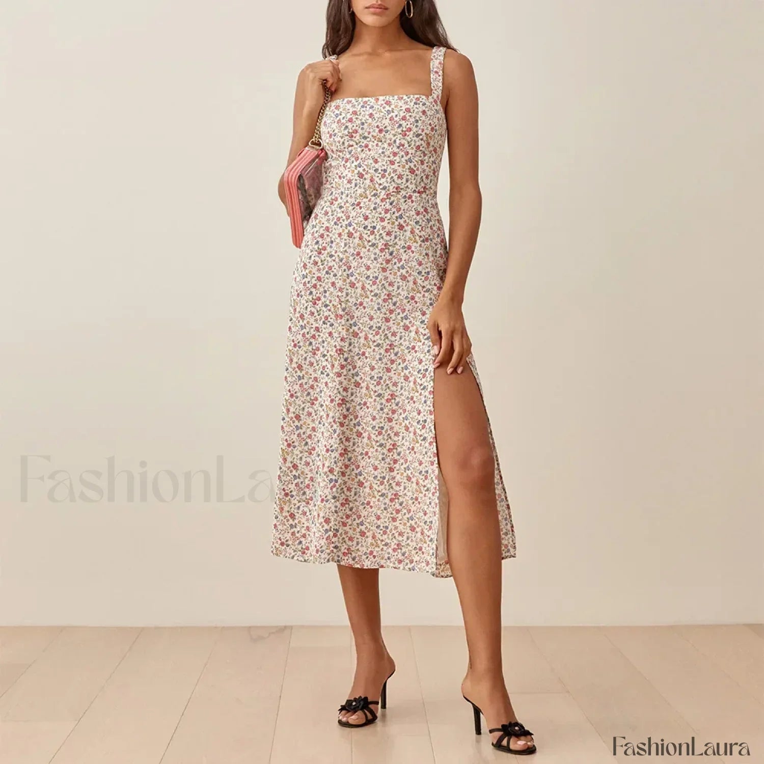 Ruched High Slit Floral Midi Dress