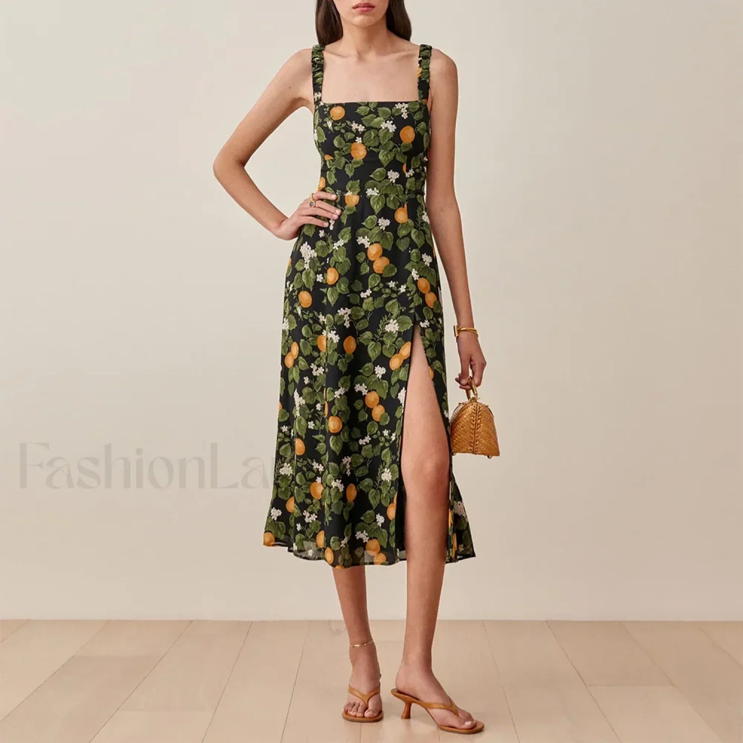 Ruched High Slit Floral Midi Dress