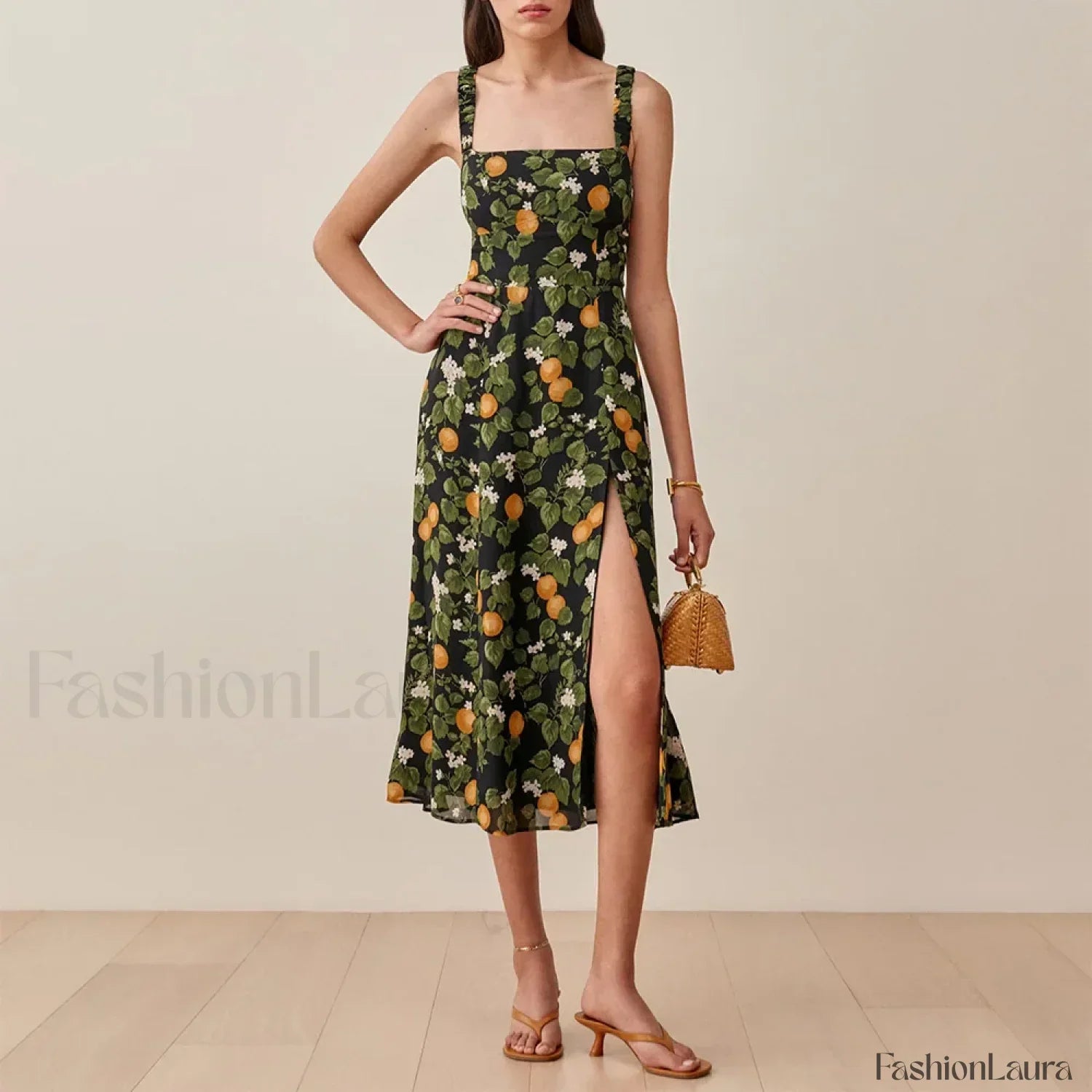 Ruched High Slit Floral Midi Dress