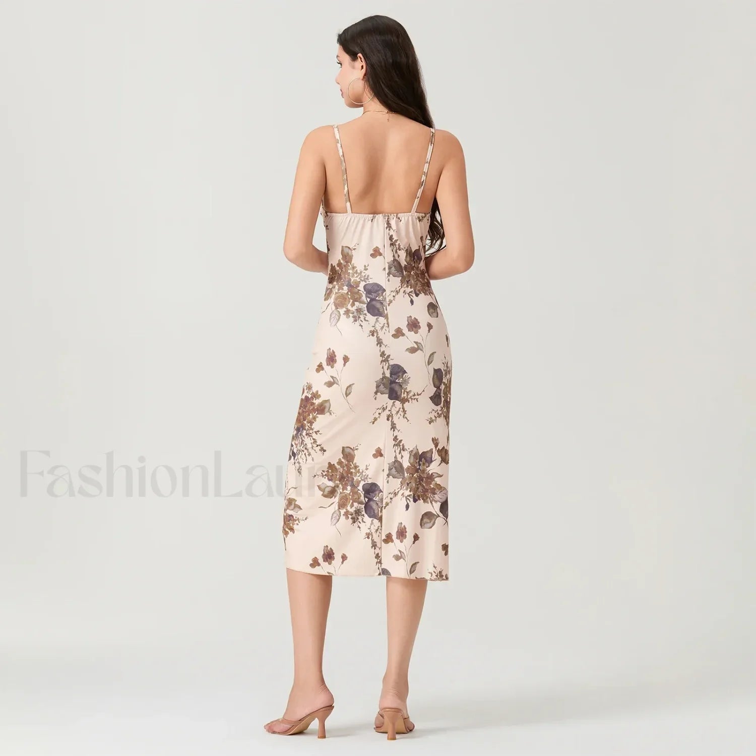 Khaki Ruched Square-neck Midi Dress
