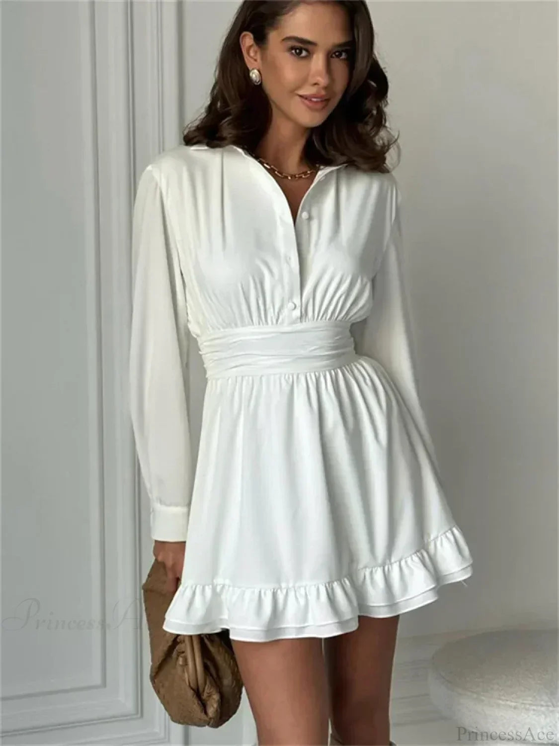 Collar Button Front Bishop Sleeve Ruched Waistband Flounce Hem Mini Dress