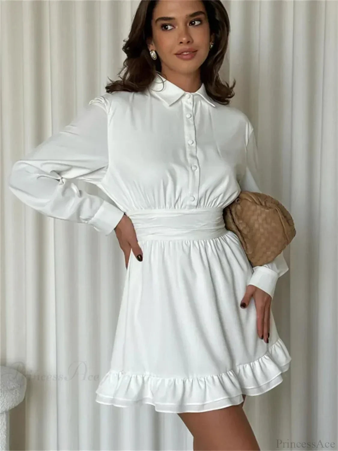 Collar Button Front Bishop Sleeve Ruched Waistband Flounce Hem Mini Dress