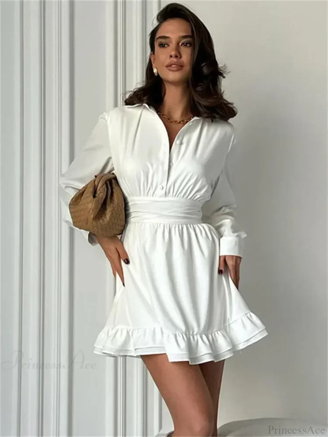 Collar Button Front Bishop Sleeve Ruched Waistband Flounce Hem Mini Dress