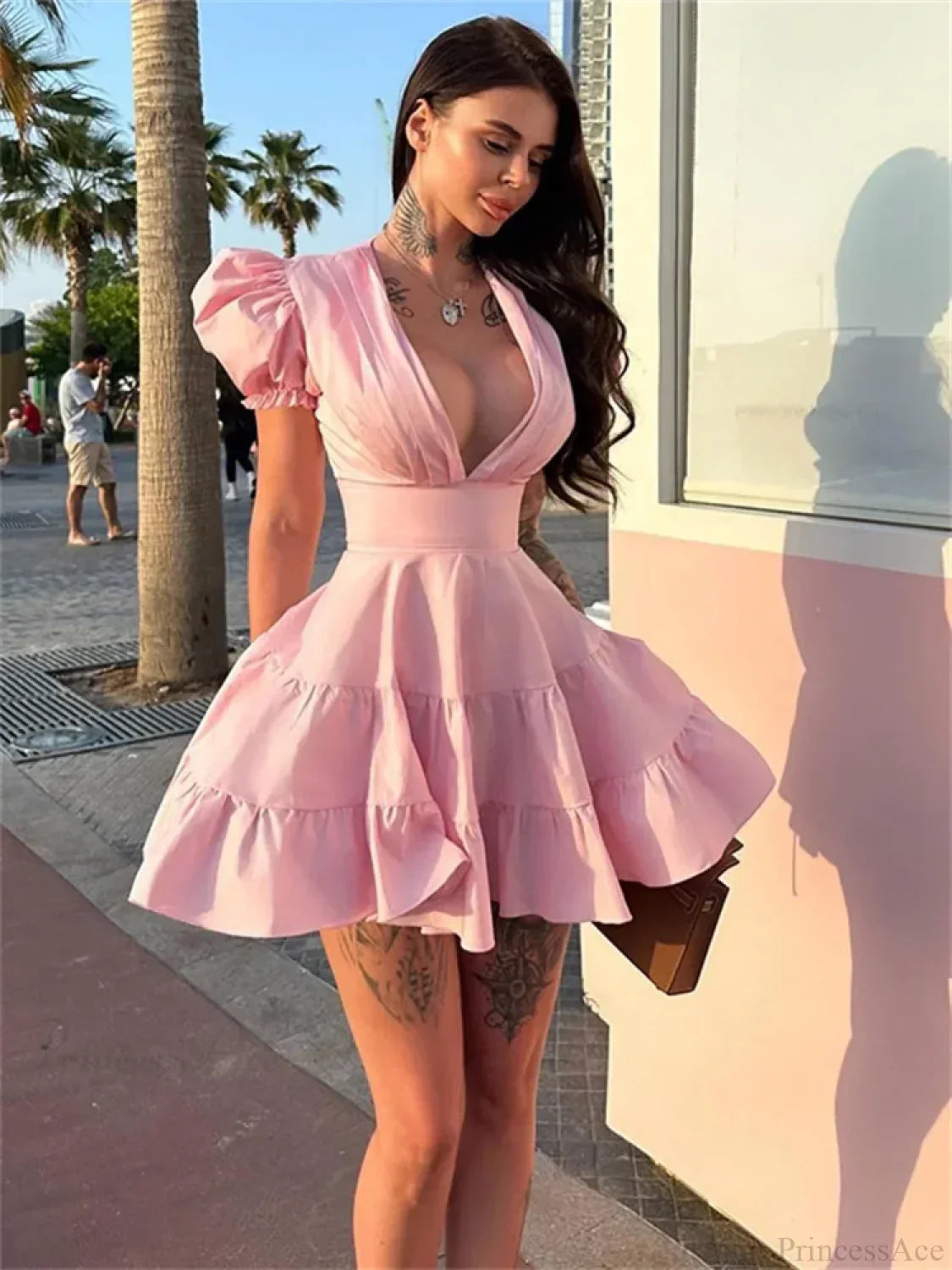 Deep V-Neck Puff Sleeve Cinched Waist Tiered Ruffle Mini Dress