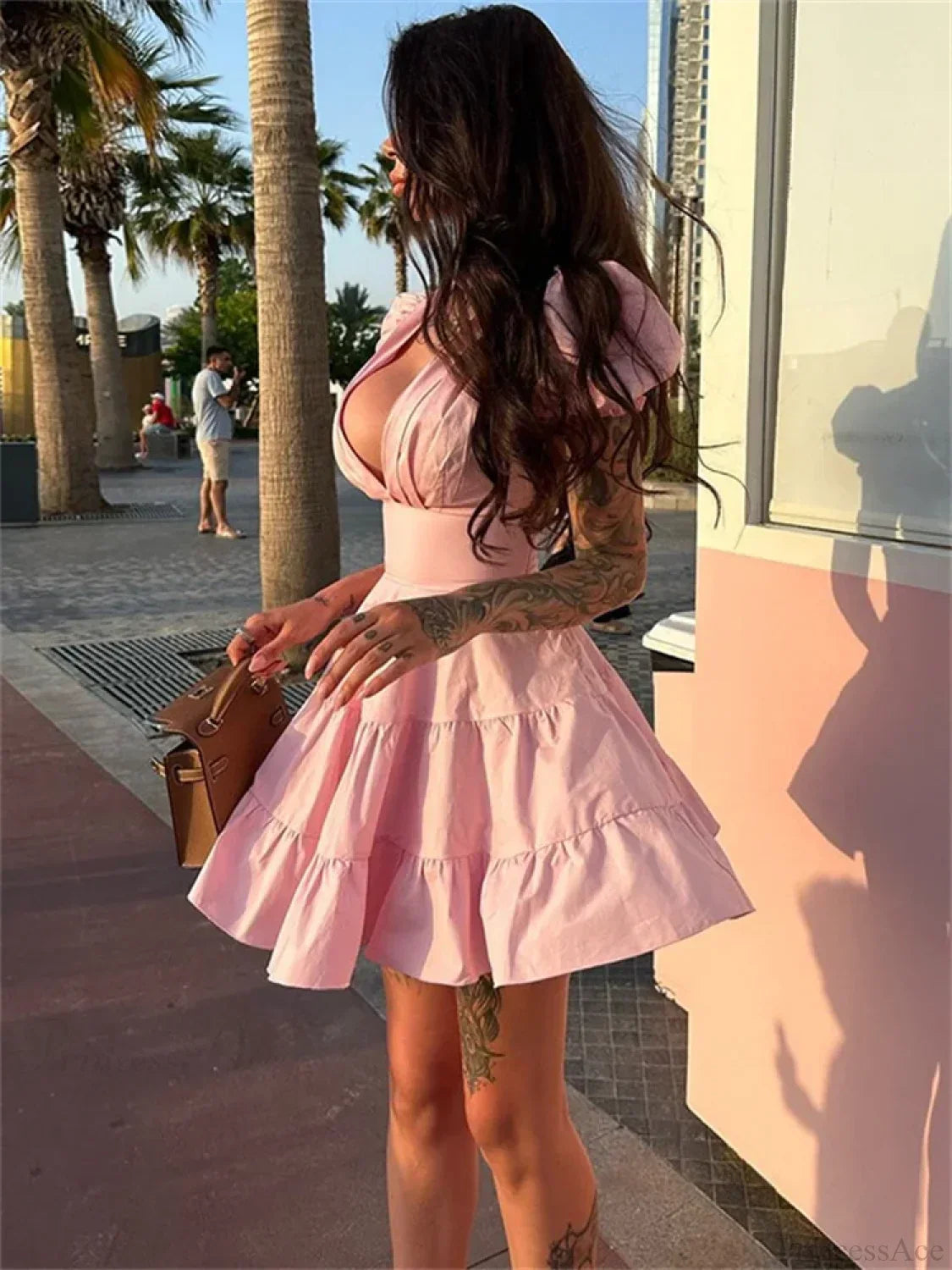 Deep V-Neck Puff Sleeve Cinched Waist Tiered Ruffle Mini Dress