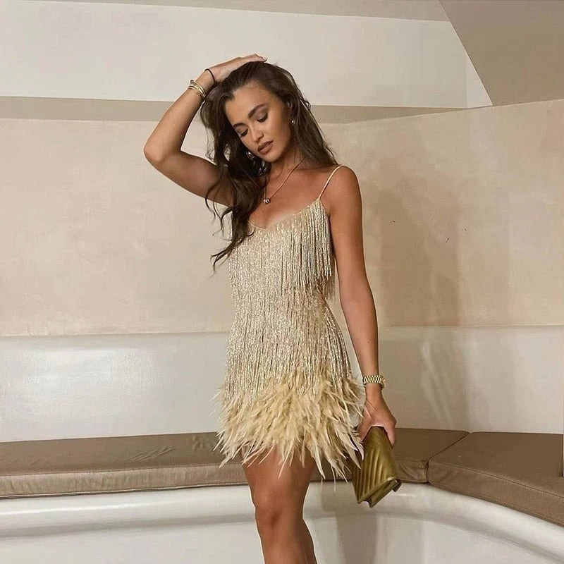 Tiered Beaded Fringe Feather Hem Spaghetti Strap Mini Dress