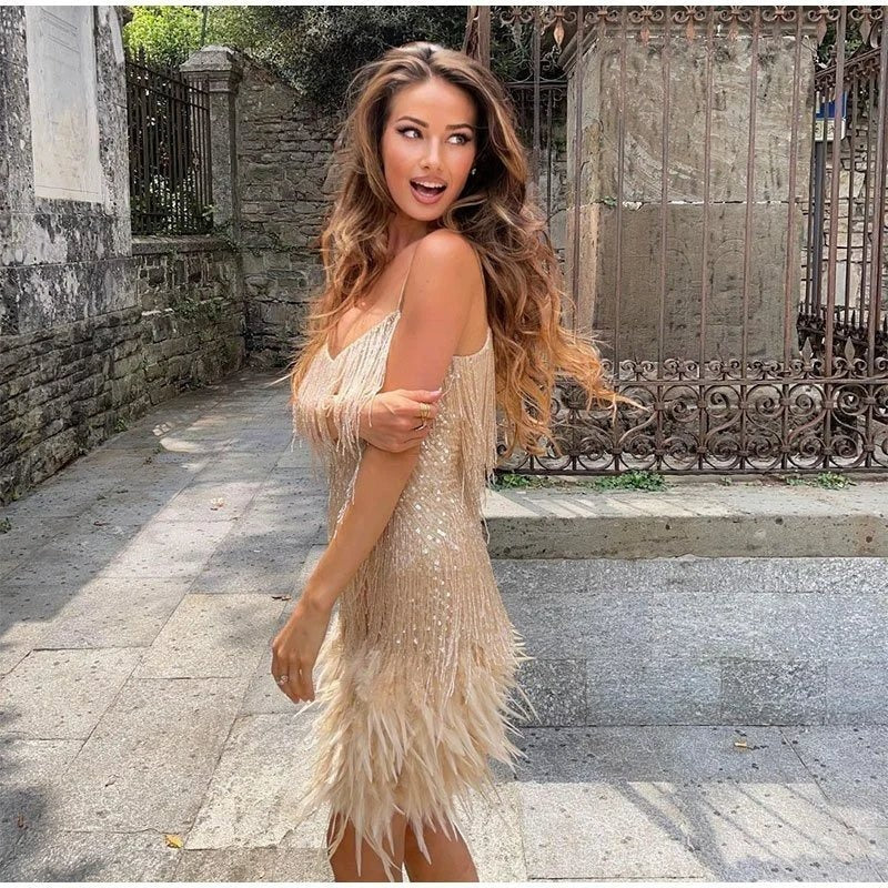 Tiered Beaded Fringe Feather Hem Spaghetti Strap Mini Dress