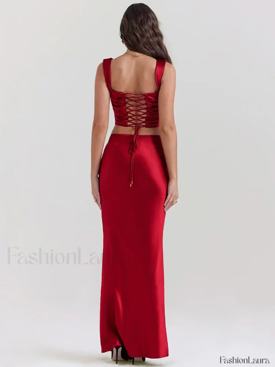 Red Satin Backless Skirt Maxi Dress