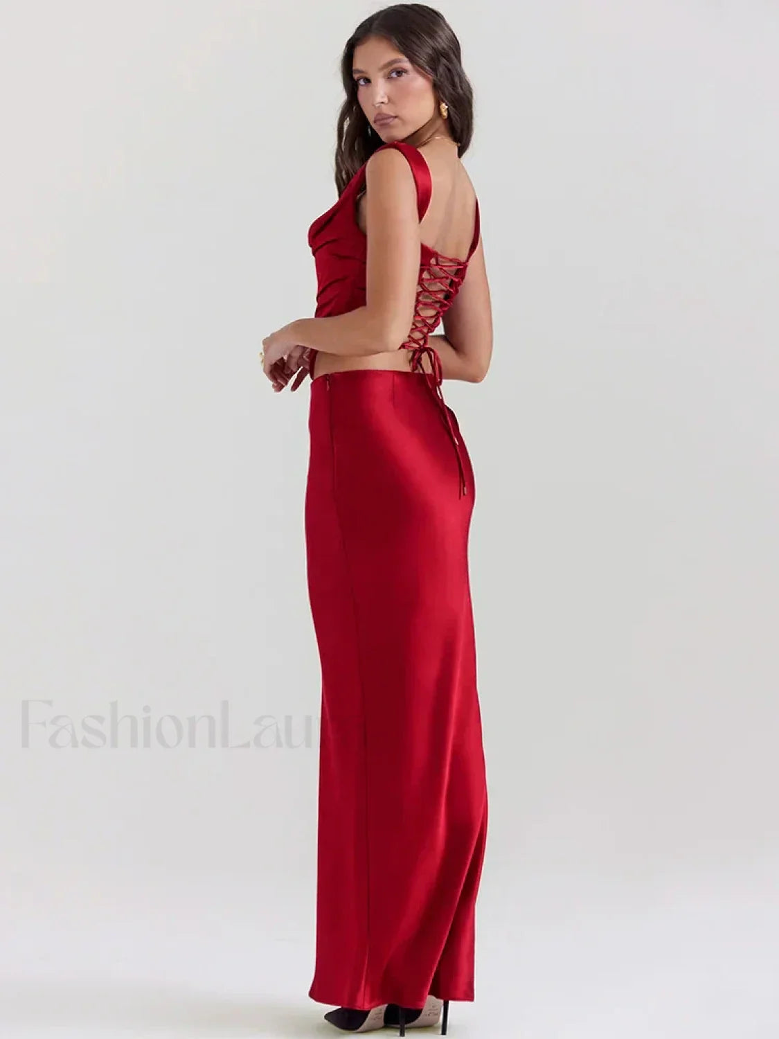 Red Satin Backless Skirt Maxi Dress