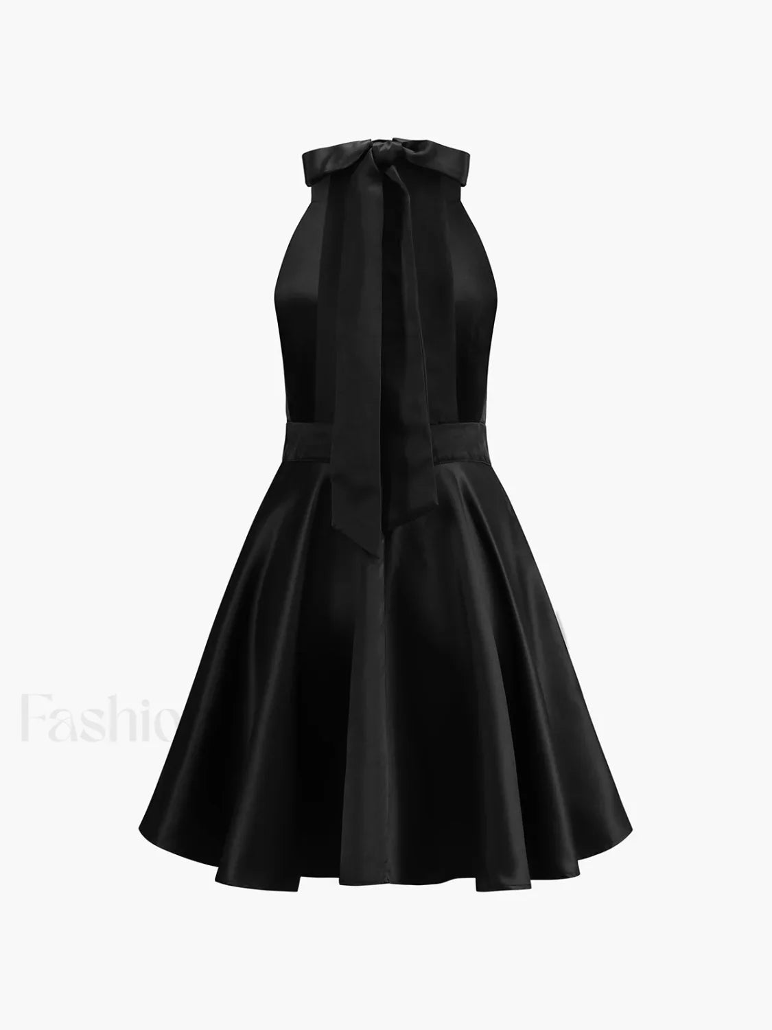 Black Satin Knotted Doule Pockets Open Back Pleated Mini Dress