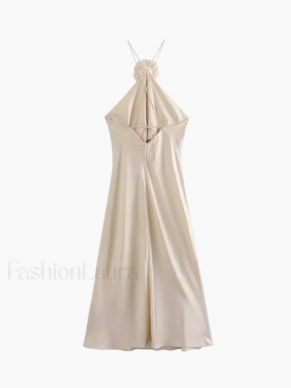 Apricot Satin Rosette Decor Halter Midi Dress