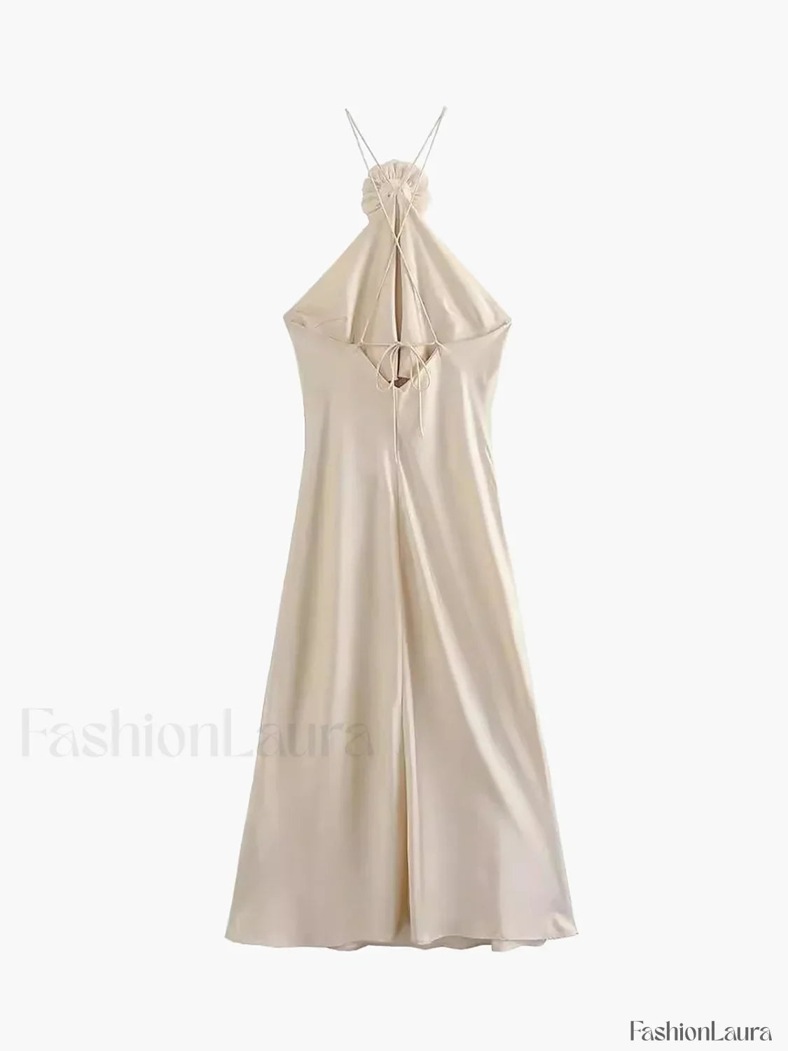 Apricot Satin Rosette Decor Halter Midi Dress