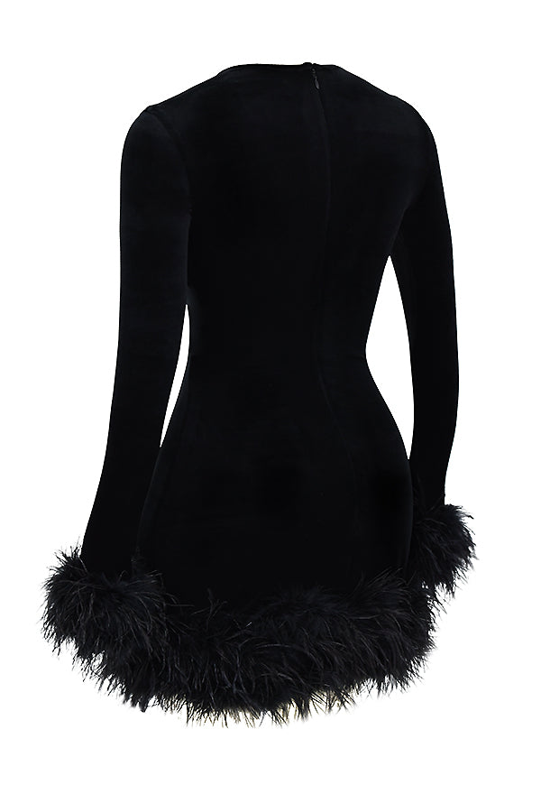 Velvet Long Sleeve Feather Trim Bodycon Mini Cocktail Dress