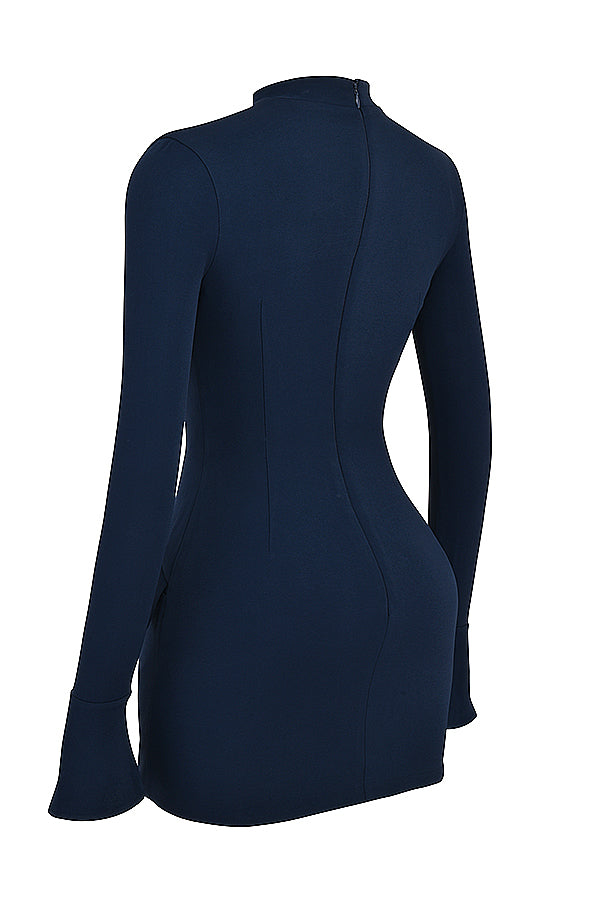 Mock Neck Long Sleeve Flap Pocket Structured Mini Dress